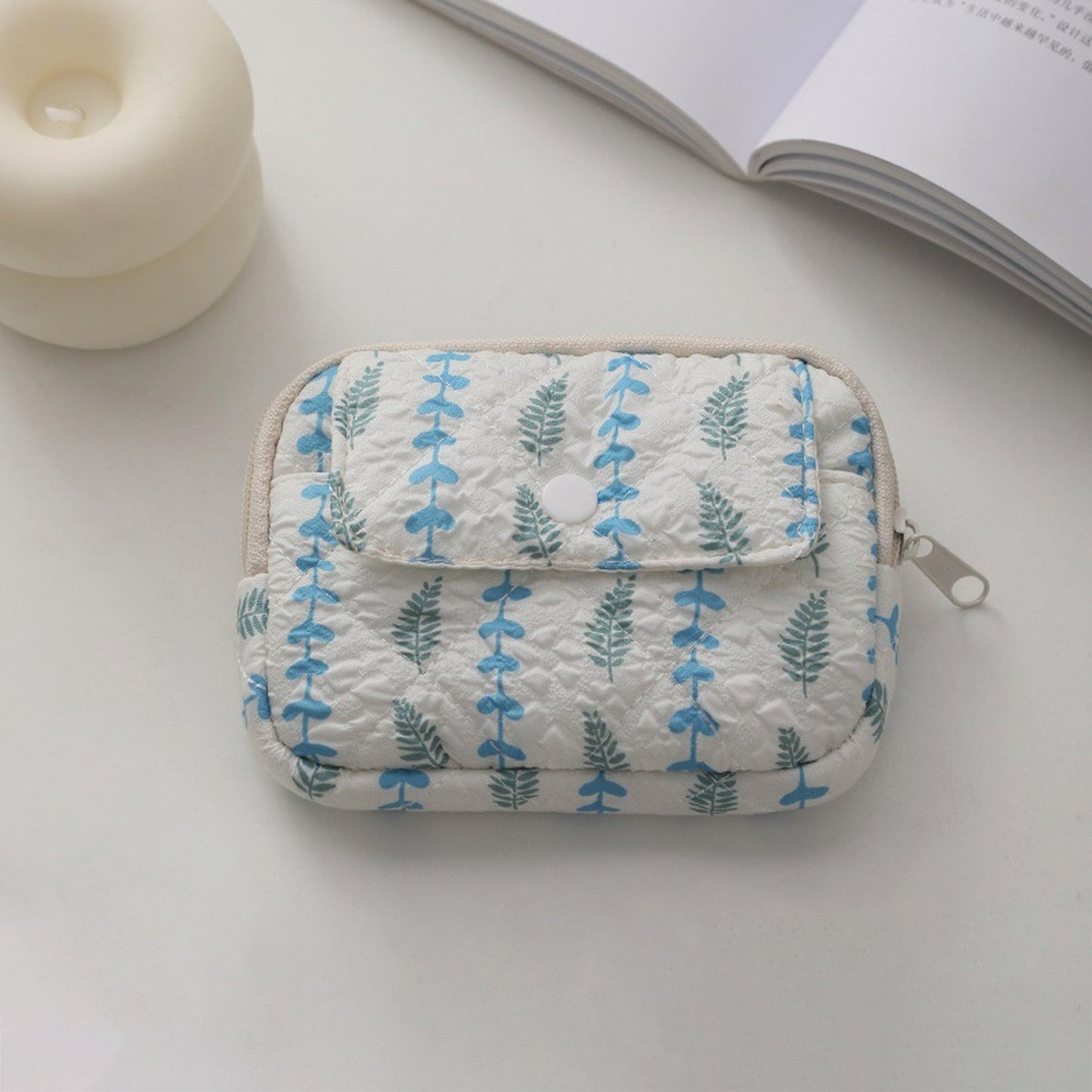 Anna-Kaci Women's Quilted Floral Coin Purse-Small Cosmetic Bag with Zipper and Snap Pocket