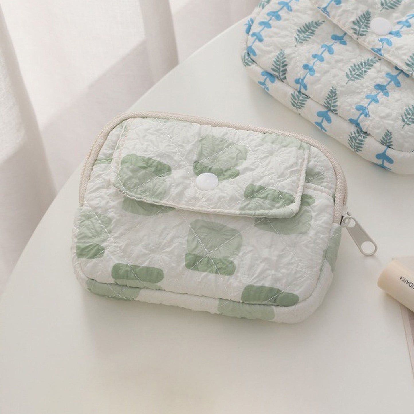 Anna-Kaci Women's Quilted Floral Coin Purse-Small Cosmetic Bag with Zipper and Snap Pocket