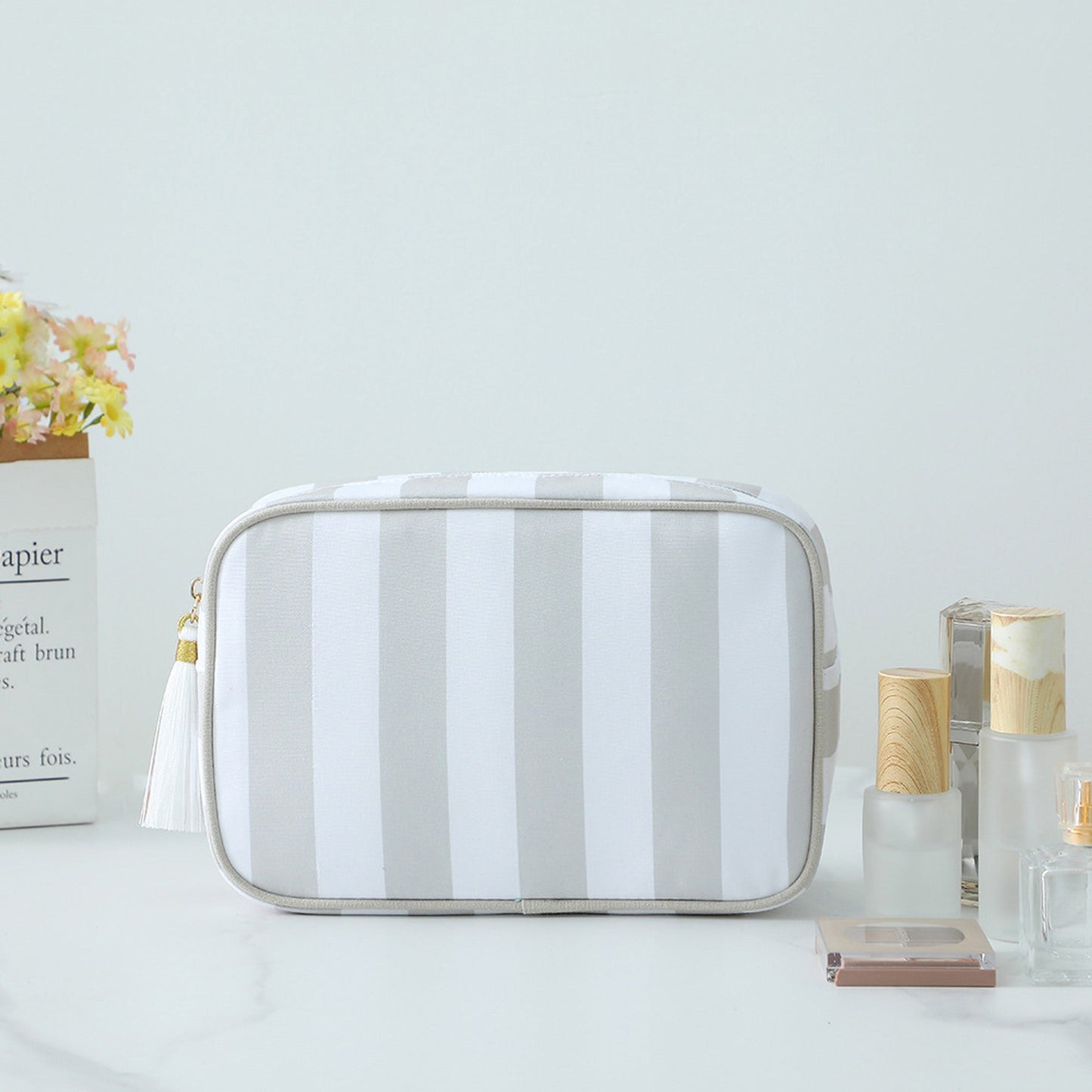 Anna-Kaci Women's Striped Cosmetic Bag with Tassel-Travel Makeup Organizer Pouch