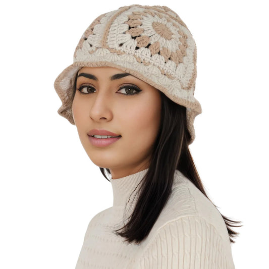 Women's Crochet Bucket Hat Retro Sunburst Pattern Knit Handmade Foldable Floppy Beach Hat