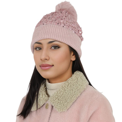 Sparkly Sequin Beanie Hat with Faux Fur Pom Pom Knit Skull Cap for Women