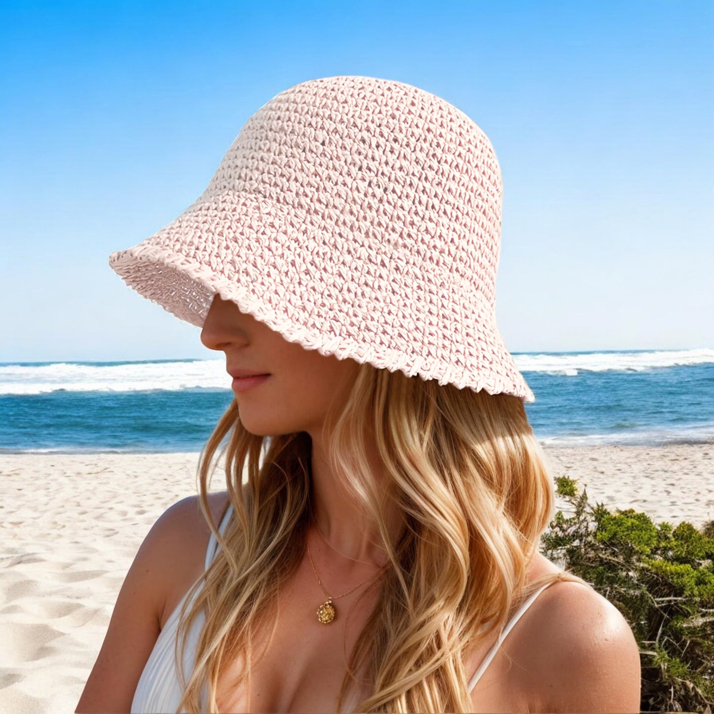 Crochet Raffia Bucket Hat Lightweight Foldable Wide Brim Sun Hat for Stylish Summer Protection