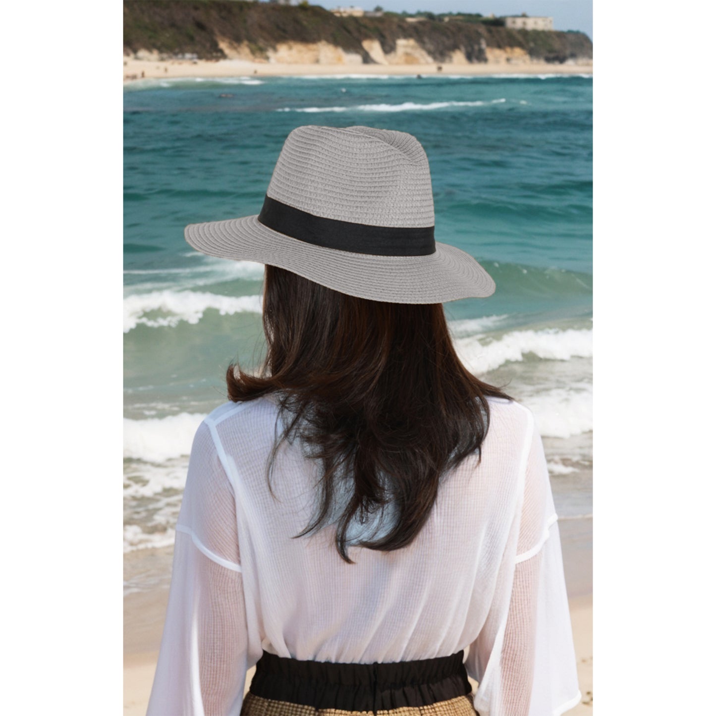 Wide Brim Straw Fedora Sun Hat with Black Band Lightweight Packable Summer Panama Hat for UV Protection