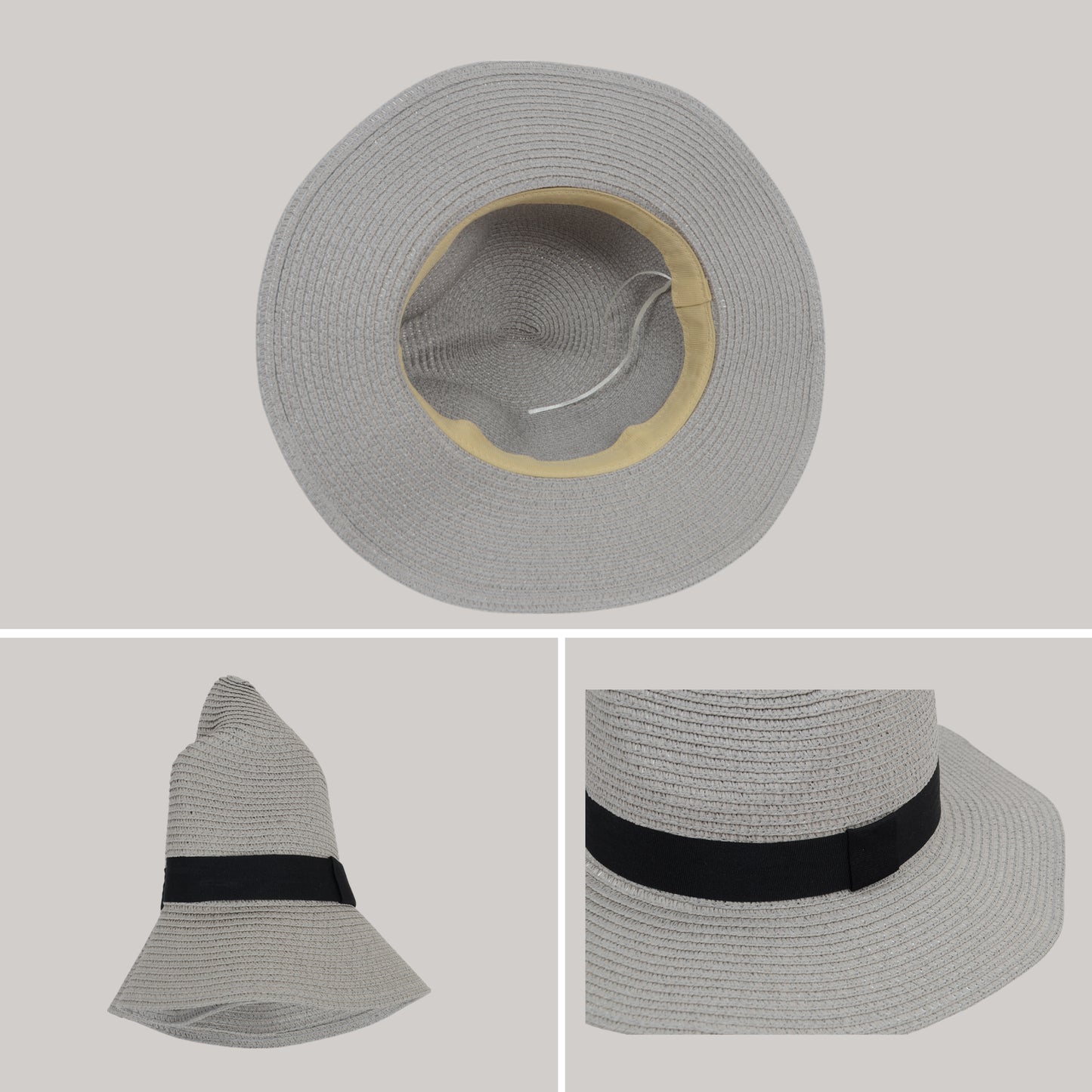 Wide Brim Straw Fedora Sun Hat with Black Band Lightweight Packable Summer Panama Hat for UV Protection