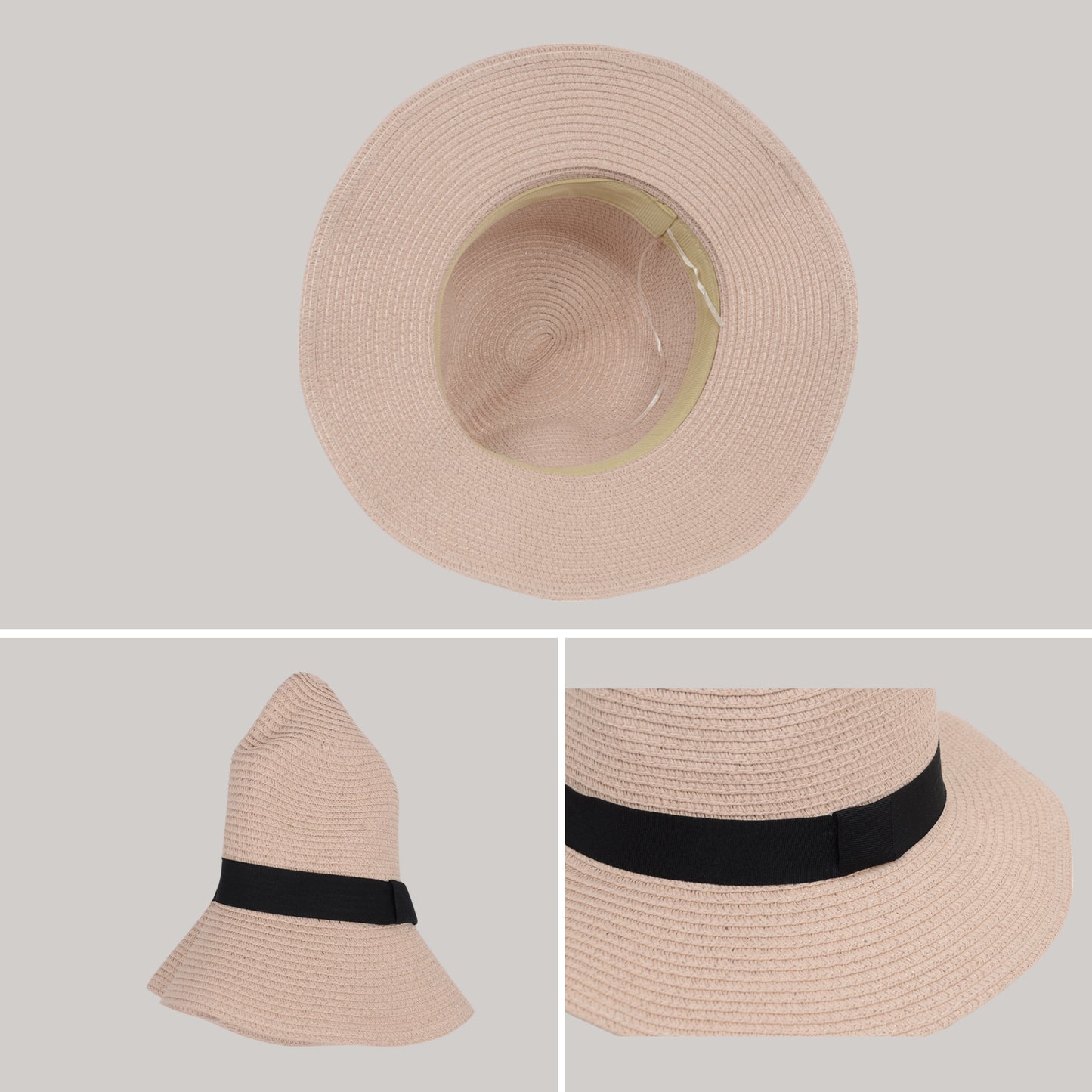 Wide Brim Straw Fedora Sun Hat with Black Band Lightweight Packable Summer Panama Hat for UV Protection