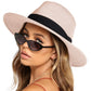 Wide Brim Straw Fedora Sun Hat with Black Band Lightweight Packable Summer Panama Hat for UV Protection