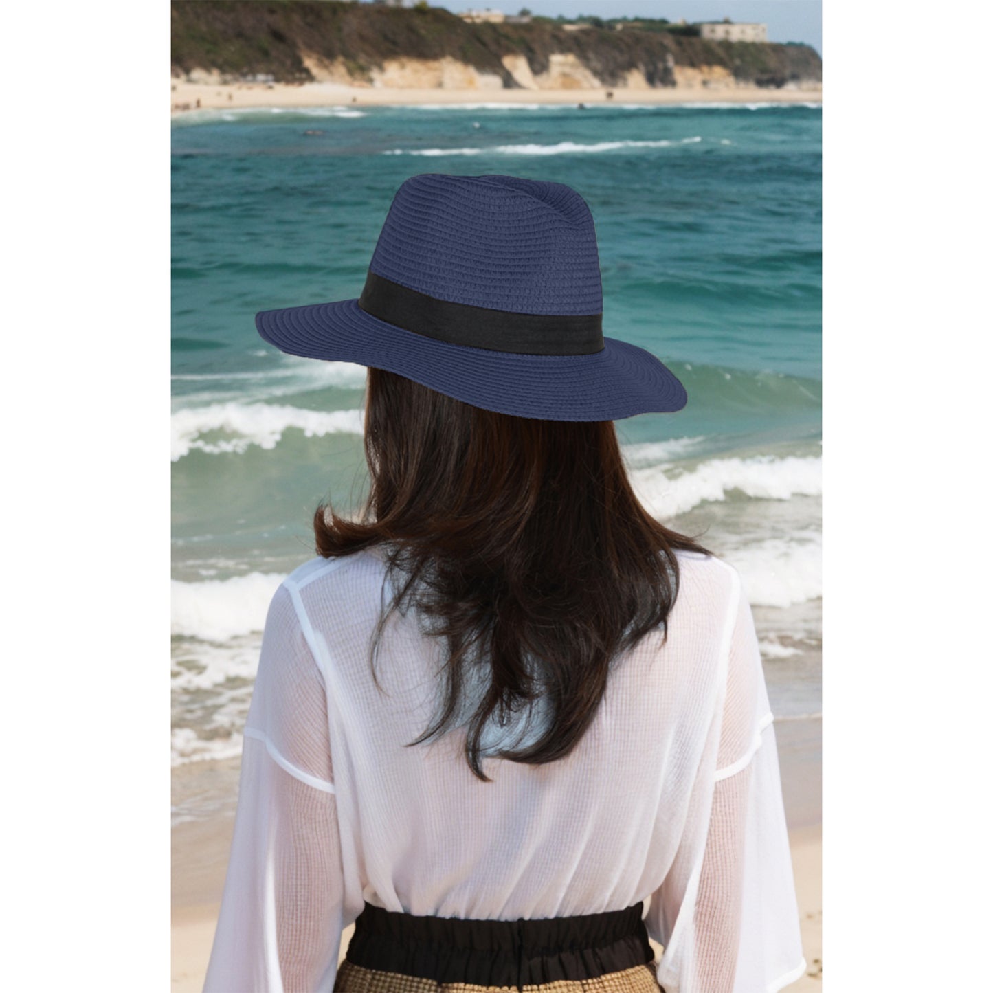 Wide Brim Straw Fedora Sun Hat with Black Band Lightweight Packable Summer Panama Hat for UV Protection