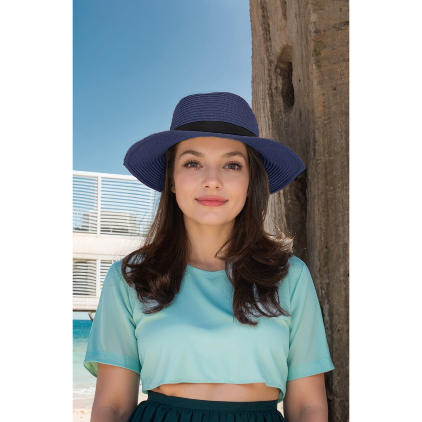 Wide Brim Straw Fedora Sun Hat with Black Band Lightweight Packable Summer Panama Hat for UV Protection