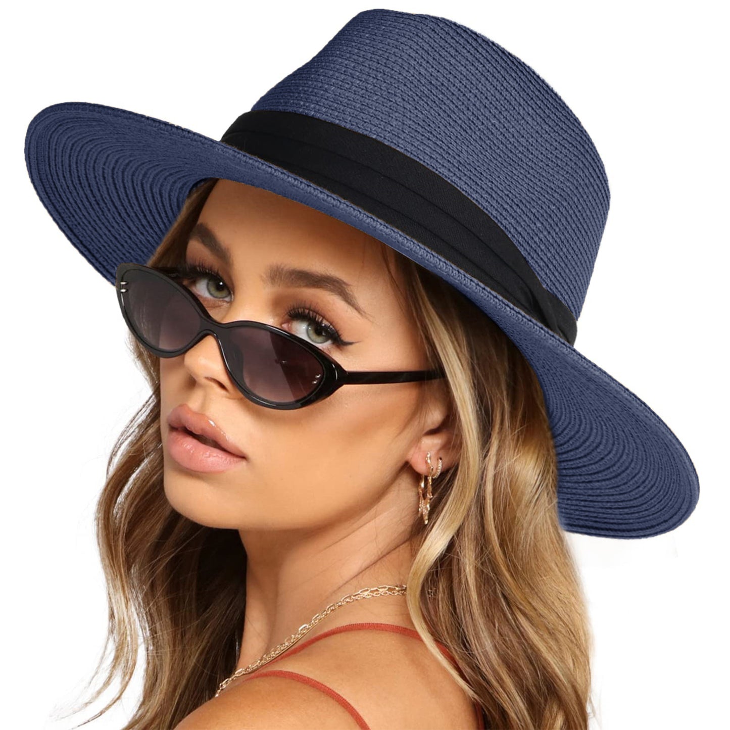 Wide Brim Straw Fedora Sun Hat with Black Band Lightweight Packable Summer Panama Hat for UV Protection