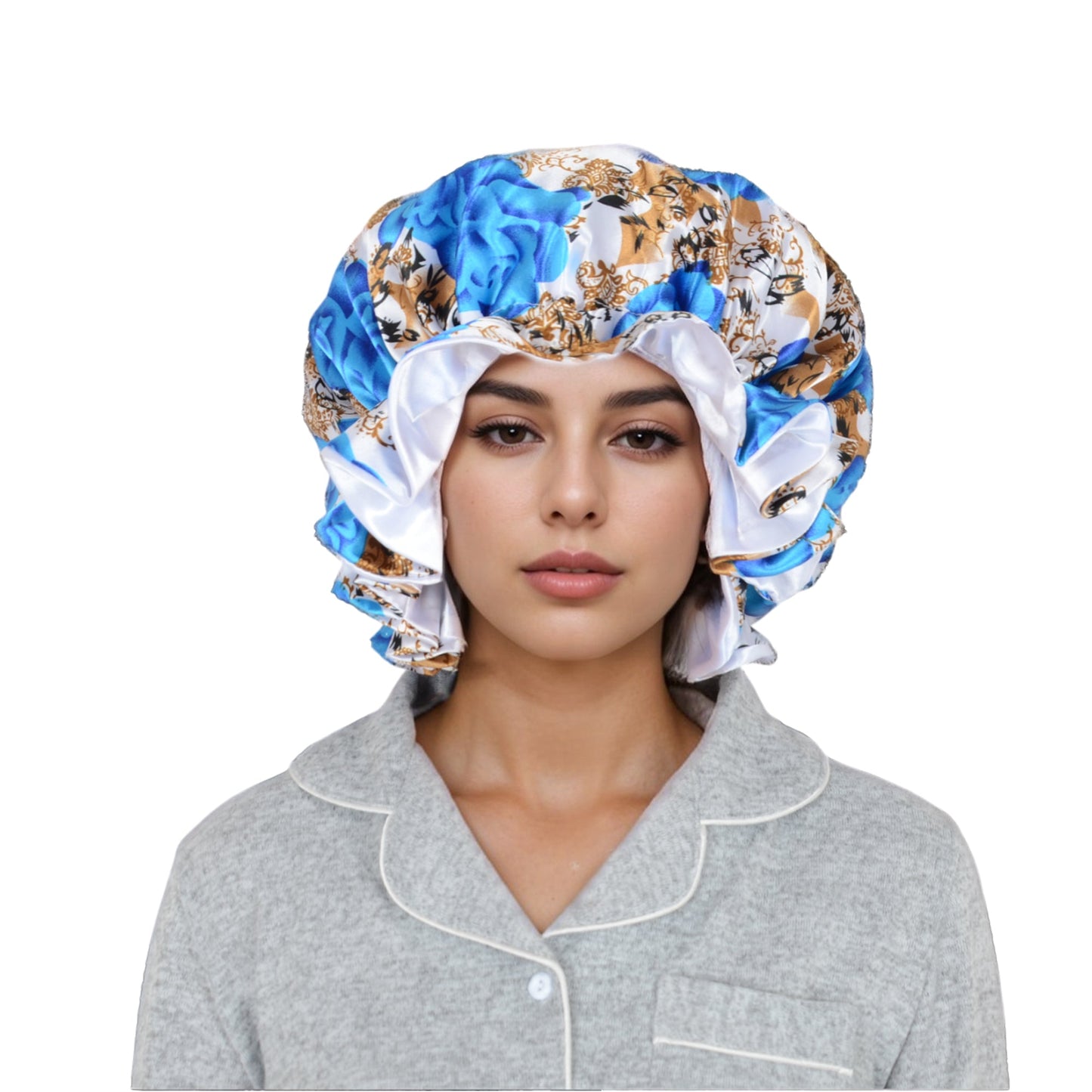 Anna-Kaci Satin Lined Print Bonnet Large Ruffled Edge Adjustable Sleep Cap for Natural Hair Protection
