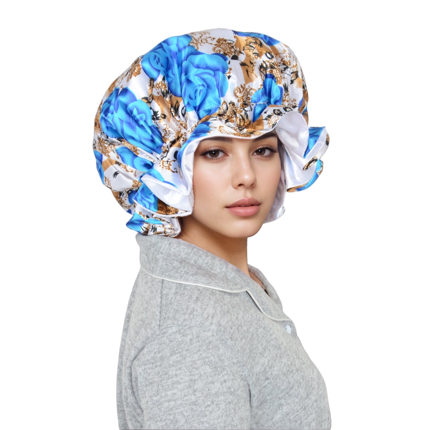 Anna-Kaci Satin Lined Print Bonnet Large Ruffled Edge Adjustable Sleep Cap for Natural Hair Protection
