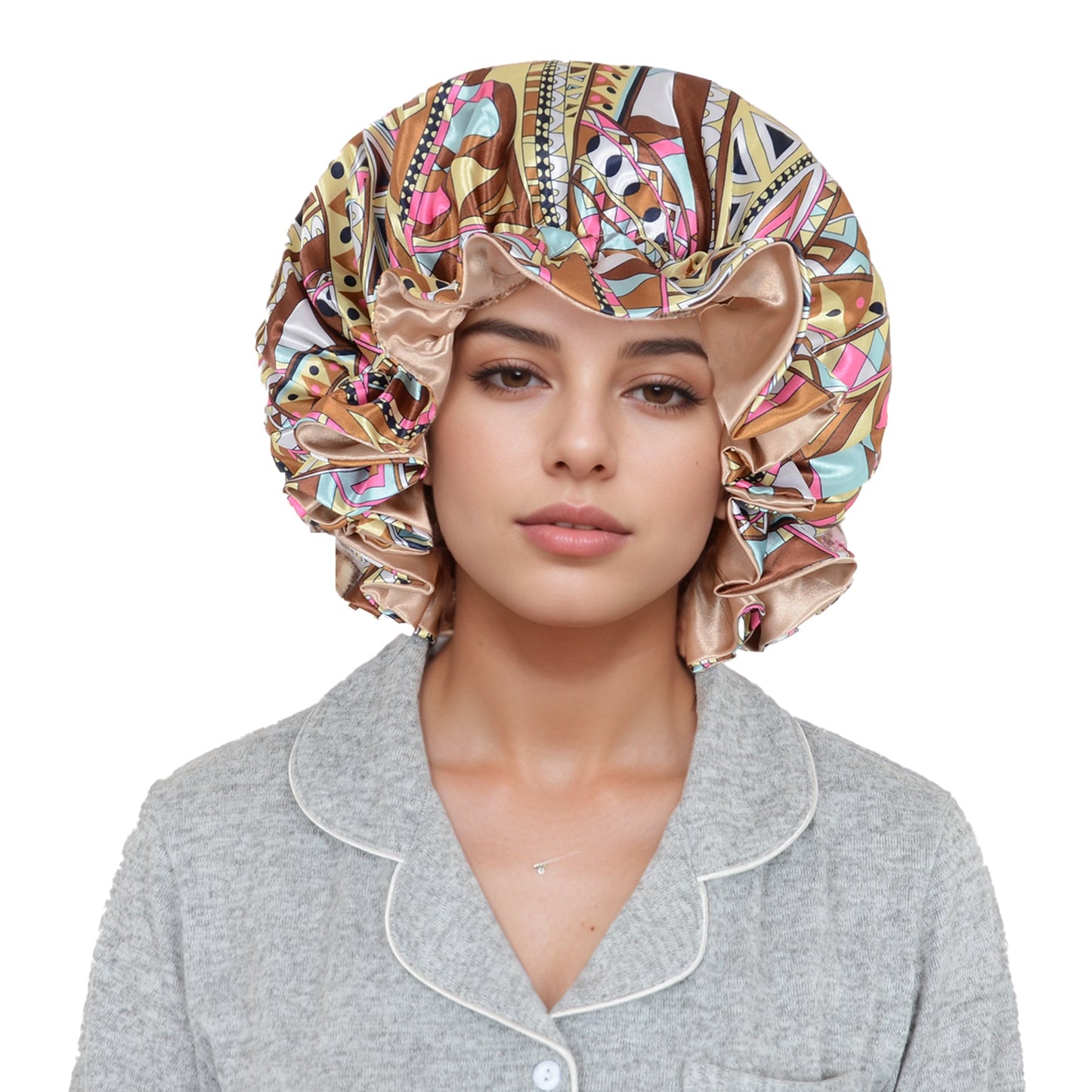 Anna-Kaci Satin Lined Print Bonnet Large Ruffled Edge Adjustable Sleep Cap for Natural Hair Protection