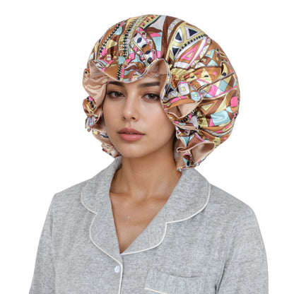 Anna-Kaci Satin Lined Print Bonnet Large Ruffled Edge Adjustable Sleep Cap for Natural Hair Protection