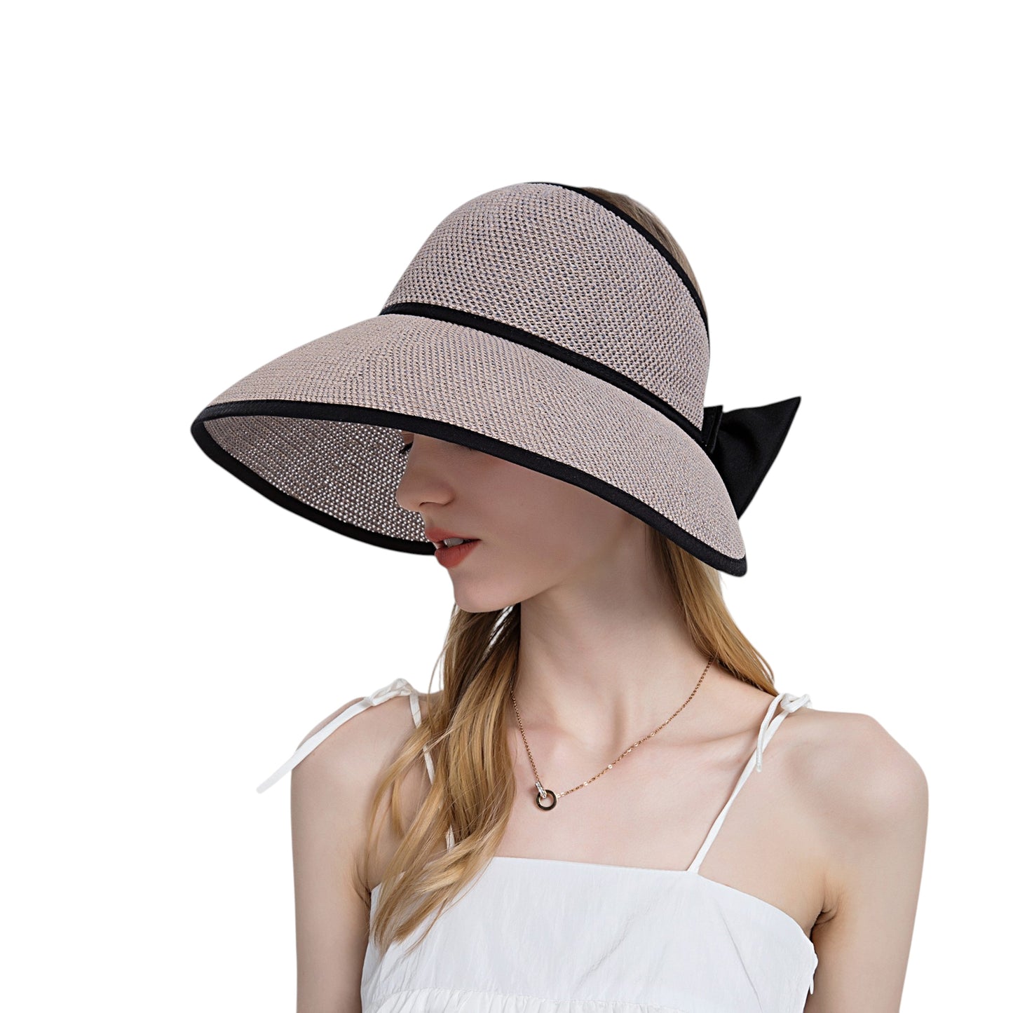 Anna-Kaci Womens Roll Up Straw Sun Visor Wide Brim Bow Detail Adjustable UV Protection Packable Summer Hat