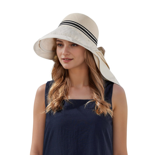 Anna-Kaci Wide Brim Mesh Sun Hat with Back Bow UV Protection Foldable Travel Hat for Women Outdoor Summer Style