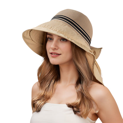 Anna-Kaci Wide Brim Mesh Sun Hat with Back Bow UV Protection Foldable Travel Hat for Women Outdoor Summer Style