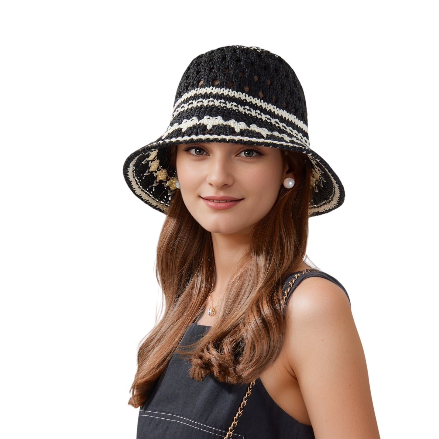Anna-Kaci Crochet Knit Bucket Hat with Openwork Floral Pattern and Rolled Brim for Lightweight Summer Style