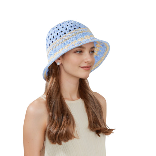 Anna-Kaci Crochet Knit Bucket Hat with Openwork Floral Pattern and Rolled Brim for Lightweight Summer Style