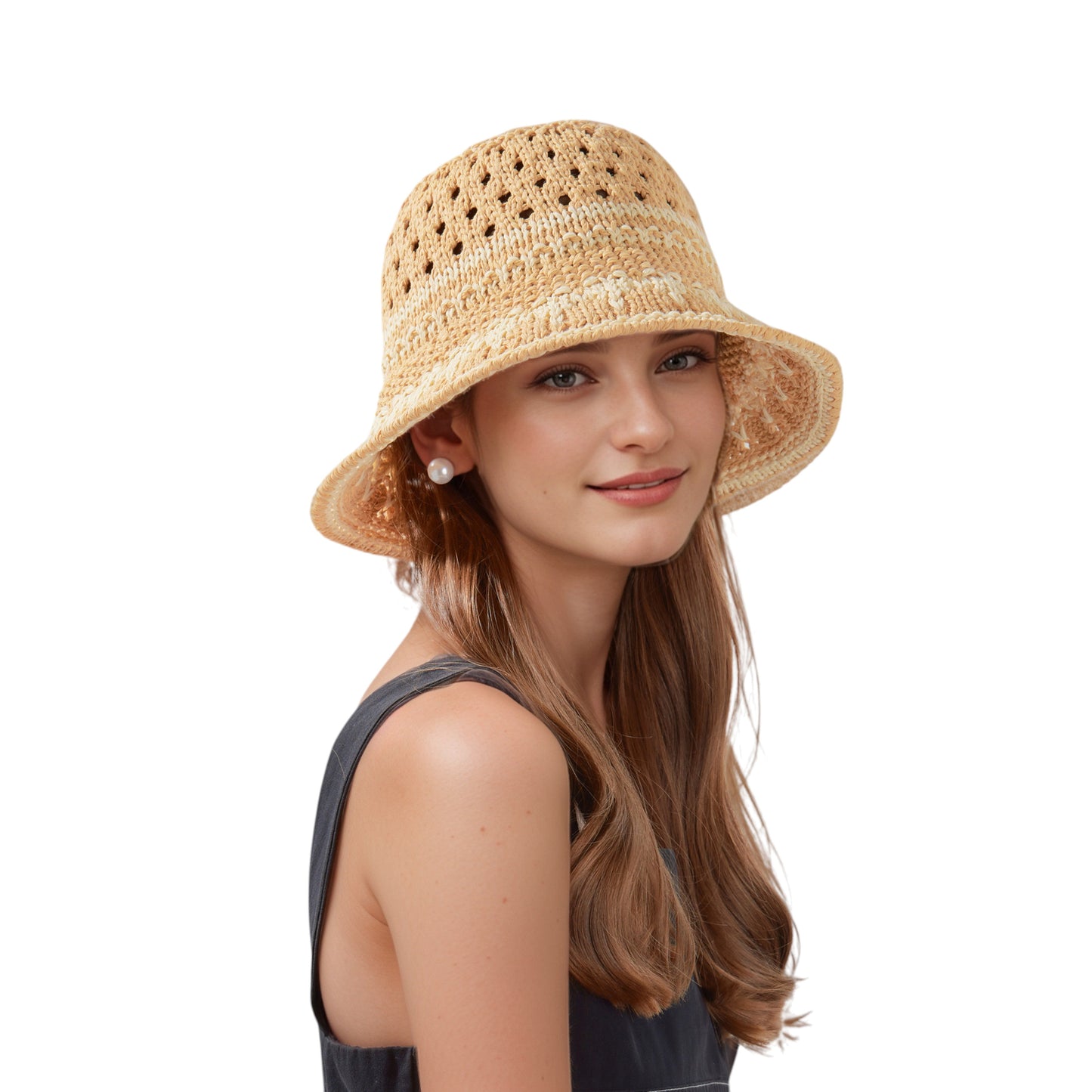Anna-Kaci Crochet Knit Bucket Hat with Openwork Floral Pattern and Rolled Brim for Lightweight Summer Style