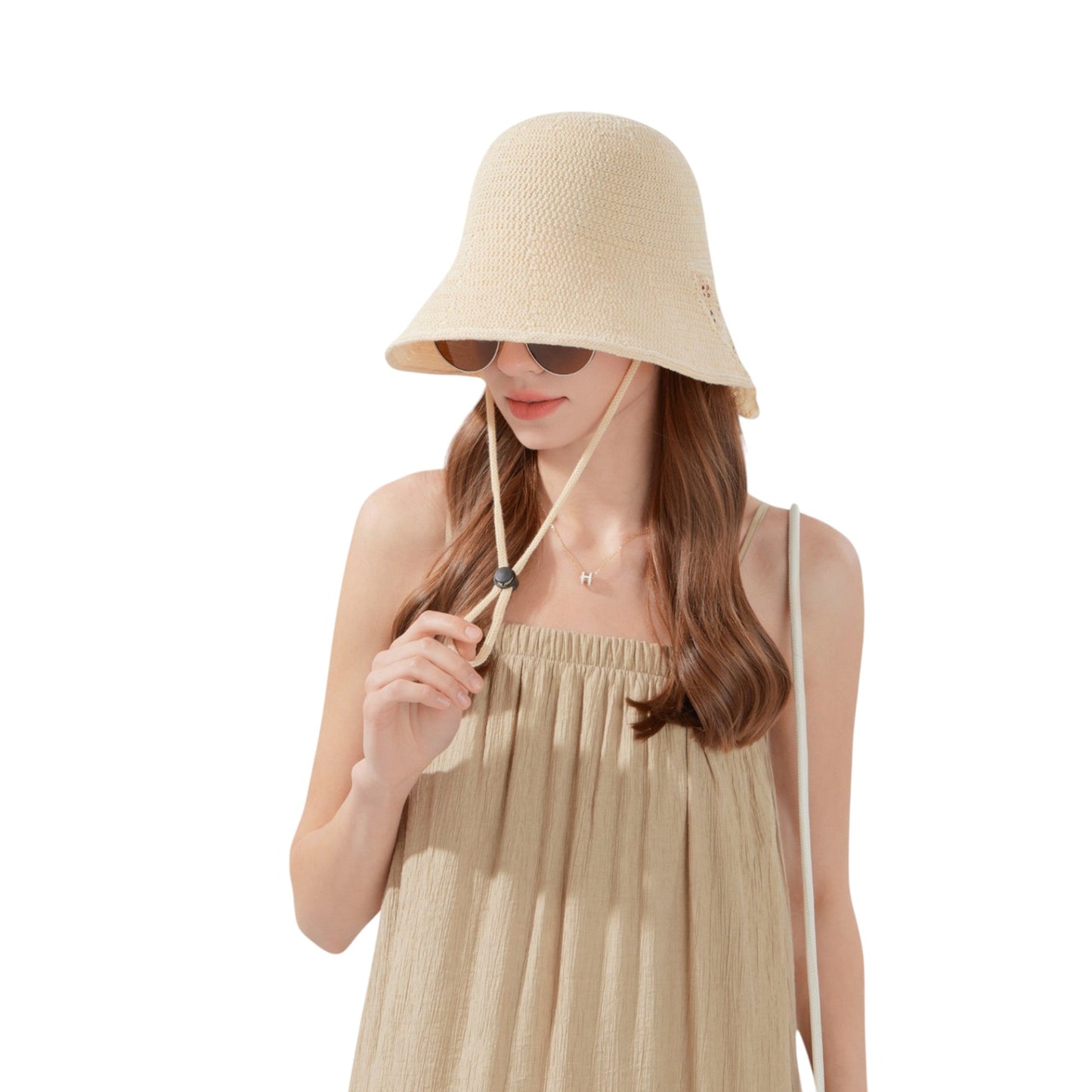 Anna-Kaci Crochet Bucket Hat with Adjustable Chin Strap and Back Button Eyelet Panel for Sun Protection