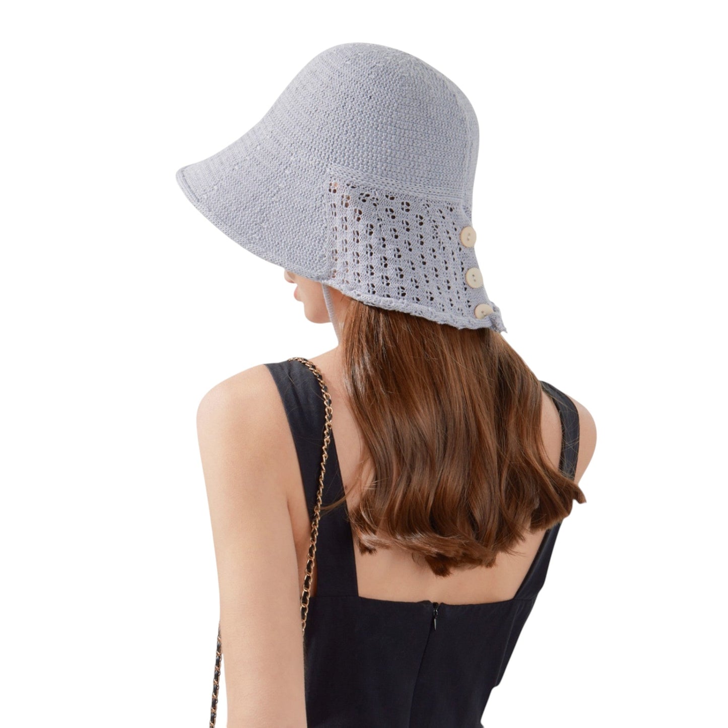 Anna-Kaci Crochet Bucket Hat with Adjustable Chin Strap and Back Button Eyelet Panel for Sun Protection