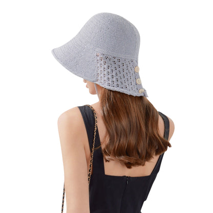 Anna-Kaci Crochet Bucket Hat with Adjustable Chin Strap and Back Button Eyelet Panel for Sun Protection