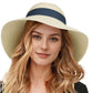 Anna-Kaci Wide Brim Straw Sun Hat with Black Ribbon Bow Adjustable Chin Strap Inner Sweatband for Outdoor and Travel Use