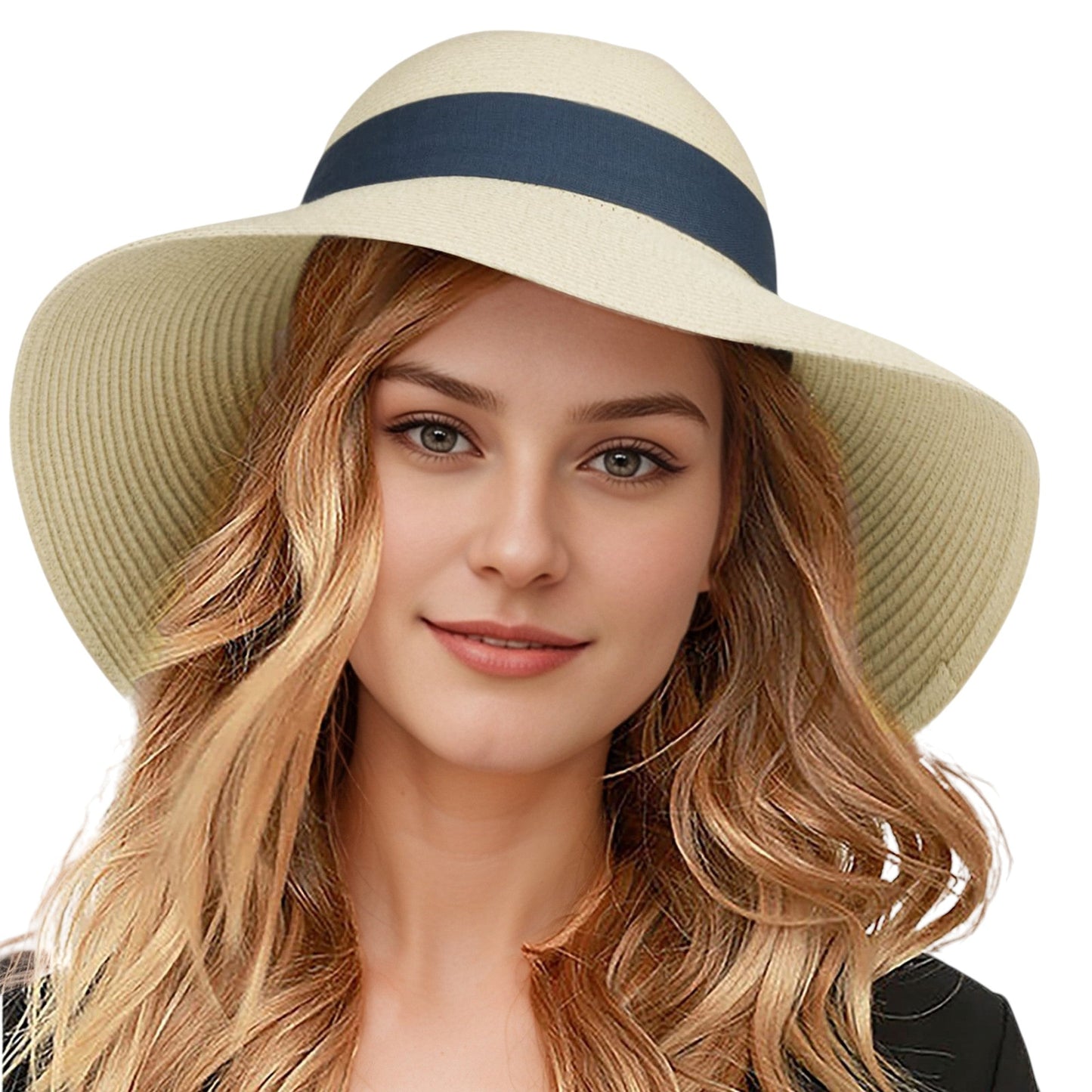 Anna-Kaci Wide Brim Straw Sun Hat with Black Ribbon Bow Adjustable Chin Strap Inner Sweatband for Outdoor and Travel Use