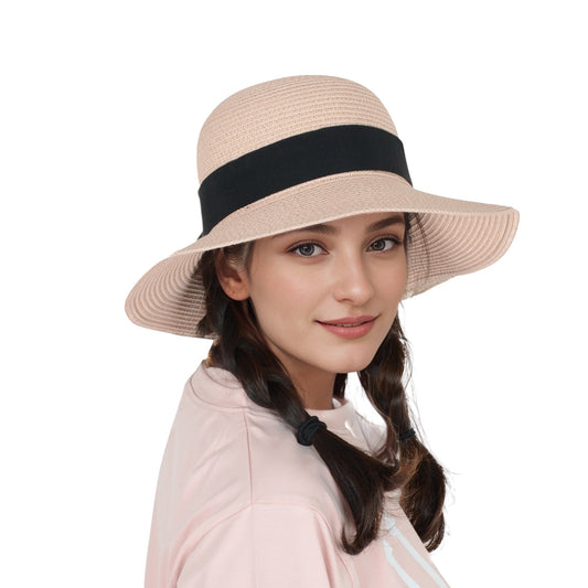 Anna-Kaci Wide Brim Straw Sun Hat with Black Ribbon Bow Adjustable Chin Strap Inner Sweatband for Outdoor and Travel Use