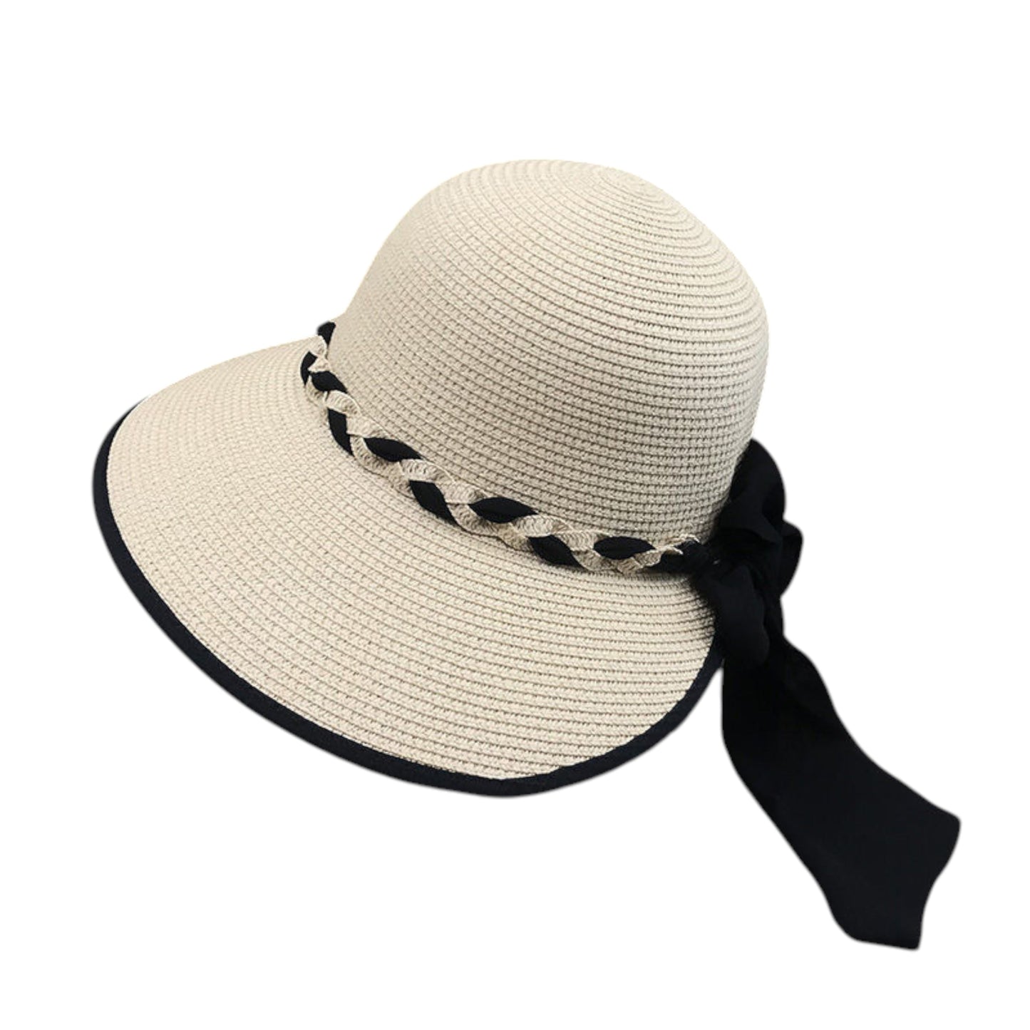 Anna-Kaci Women's Wide Brim Straw Hat with Braided Band and Contrast Bow Detail