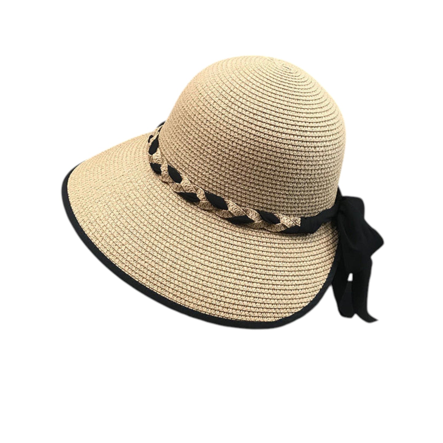 Anna-Kaci Women's Wide Brim Straw Hat with Braided Band and Contrast Bow Detail