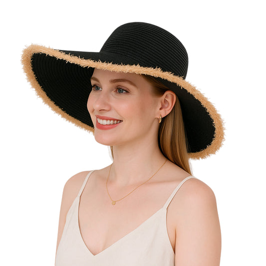 Anna-Kaci Wide Brim Straw Floppy Hat with Frayed Edges Lightweight Sun Protection for Beach Vacation Outdoor Travel Style