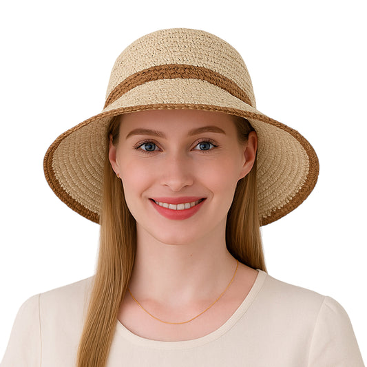 Anna-Kaci Packable Crochet Straw Bucket Hat with Two-Tone Design Lightweight Summer Sun Hat for Beach Travel Hiking Outdoor Use