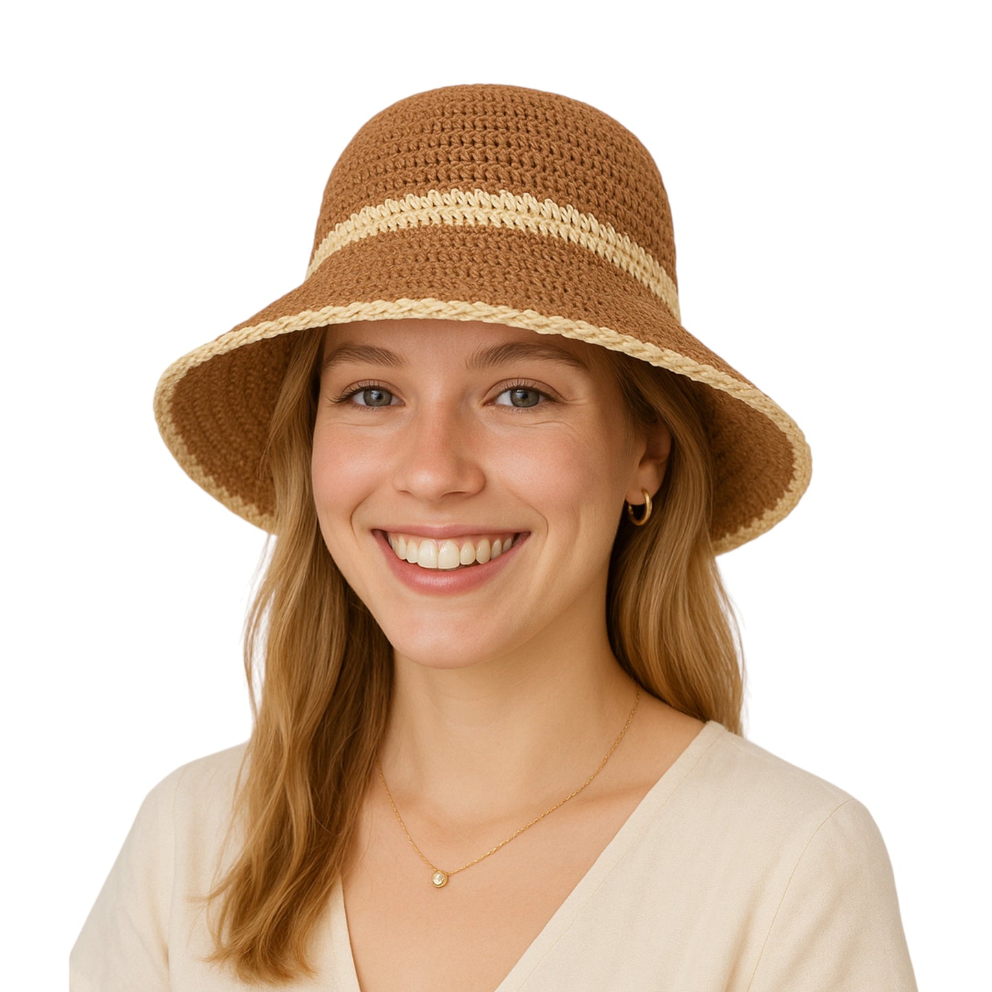 Anna-Kaci Packable Crochet Straw Bucket Hat with Two-Tone Design Lightweight Summer Sun Hat for Beach Travel Hiking Outdoor Use