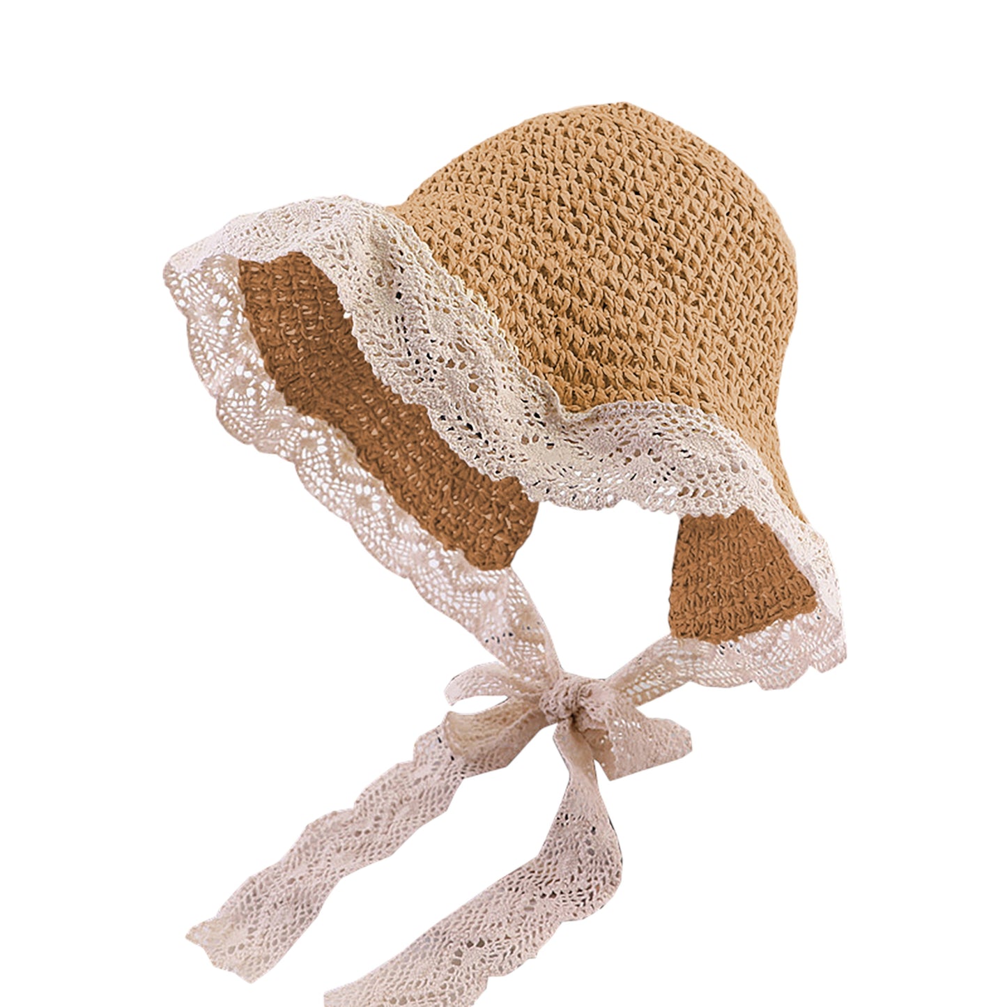 Anna-Kaci Women's Crochet Straw Hat with Lace Trim and Bow Detail