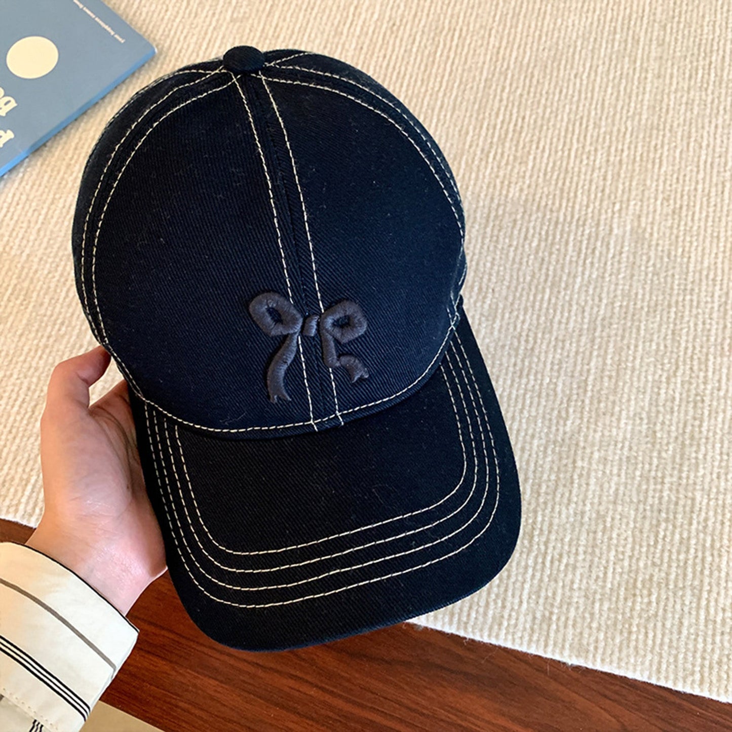 Anna-Kaci Women's Embroidered Bow Baseball Cap with Contrast Stitching and Curved Brim