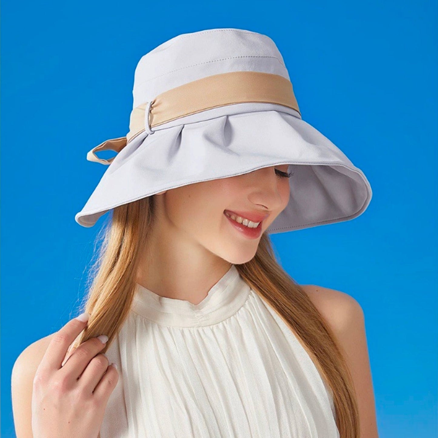 Anna-Kaci Women's Wide Brim Floppy Sun Hat with Contrast Bow Band and Structured Crown