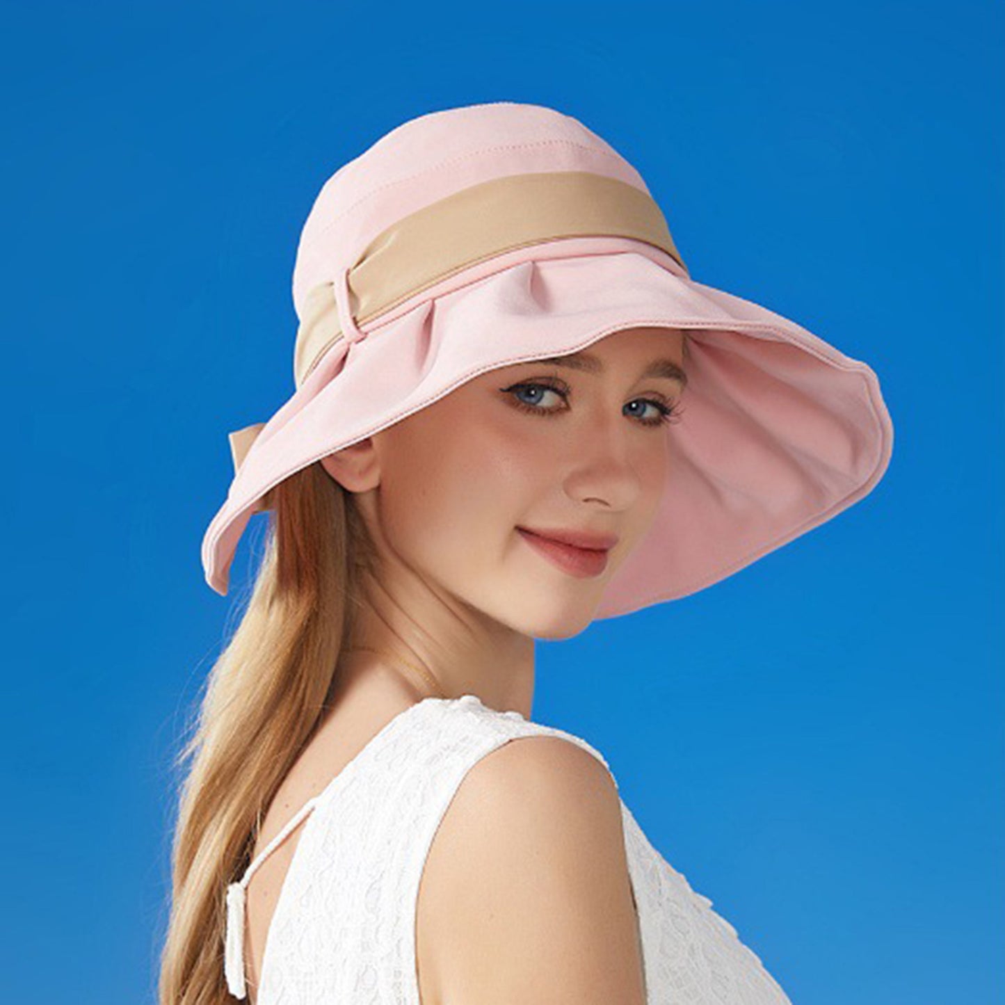 Anna-Kaci Women's Wide Brim Floppy Sun Hat with Contrast Bow Band and Structured Crown