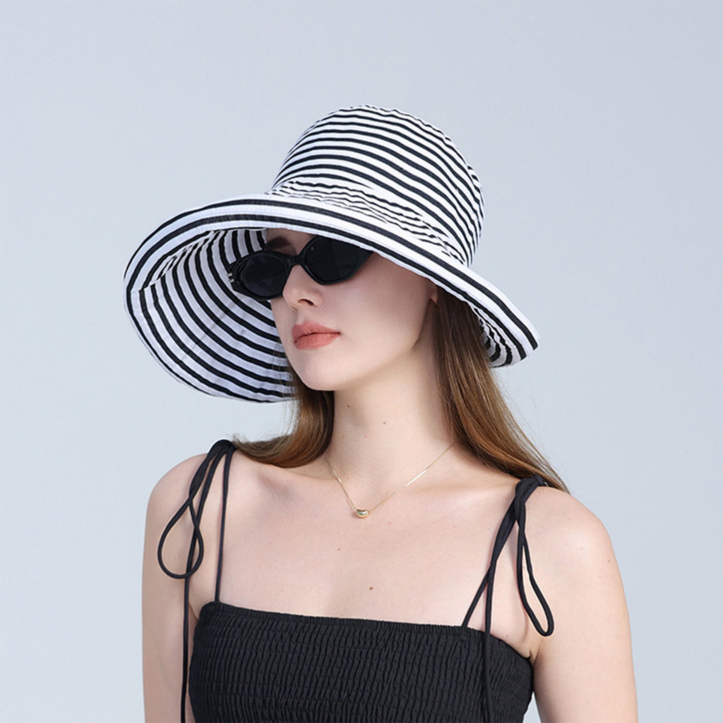 Anna-Kaci Women's Wide Brim Bucket Hat with Black and White Stripe Pattern and Sun Protection Design