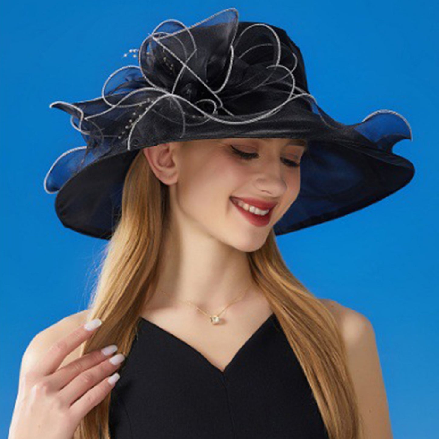 Anna-Kaci Women's Wide Brim Organza Dress Hat with Sheer Ribbon Floral Design for Formal Events and Sun Protection