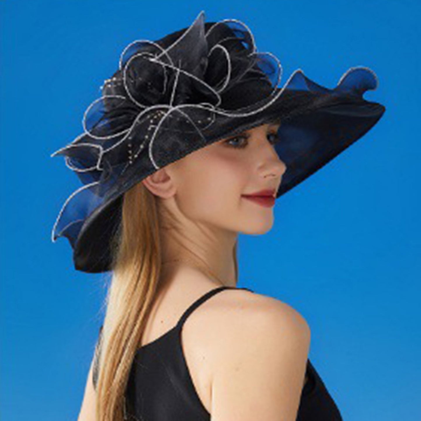 Anna-Kaci Women's Wide Brim Organza Dress Hat with Sheer Ribbon Floral Design for Formal Events and Sun Protection