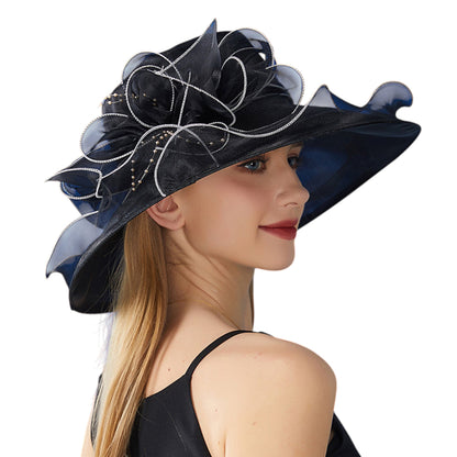 Anna-Kaci Women's Wide Brim Organza Dress Hat with Sheer Ribbon Floral Design for Formal Events and Sun Protection