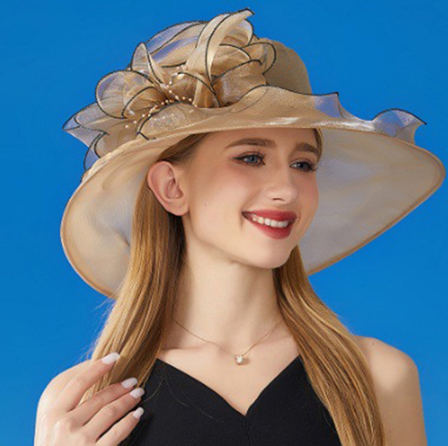 Anna-Kaci Women's Wide Brim Organza Dress Hat with Sheer Ribbon Floral Design for Formal Events and Sun Protection