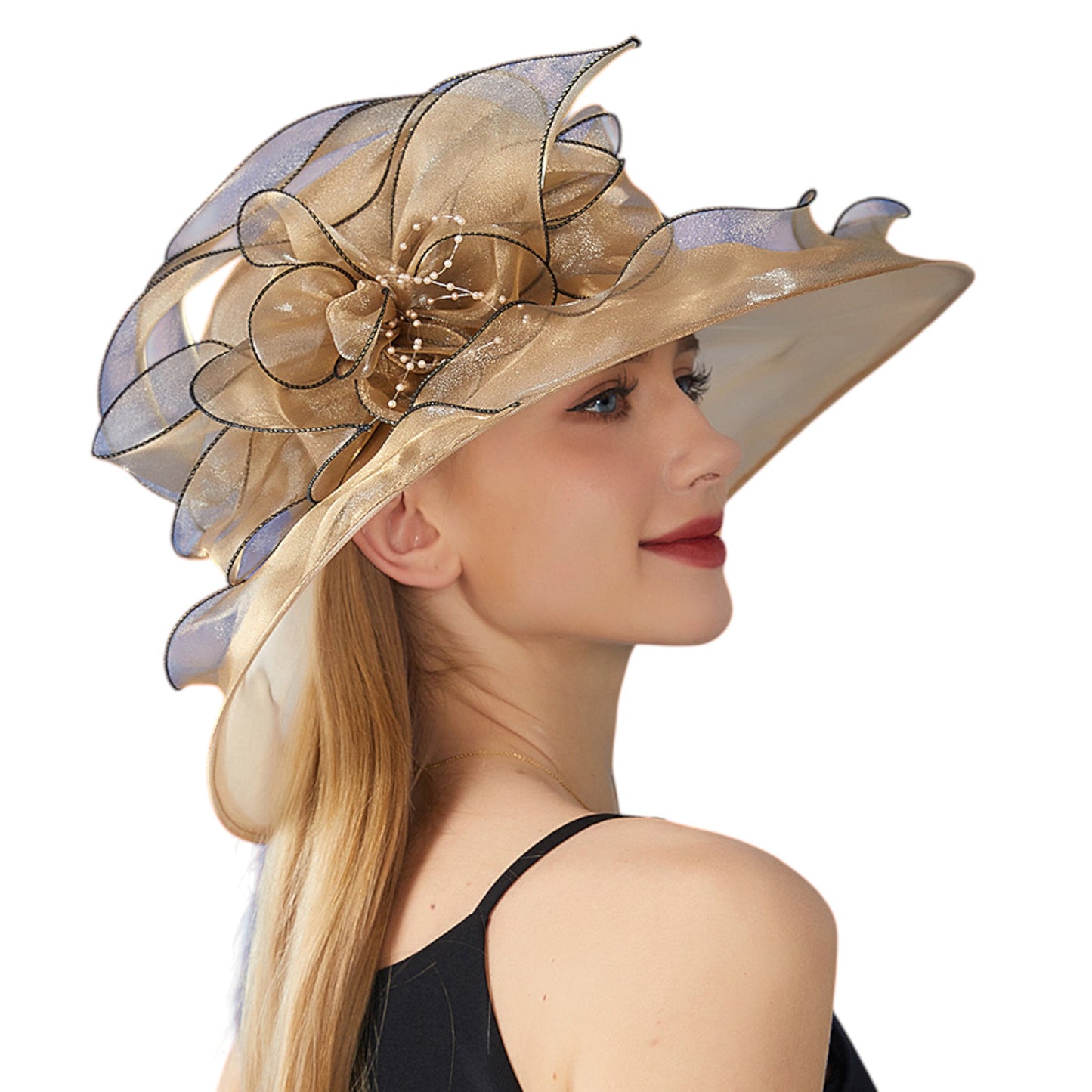 Anna-Kaci Women's Wide Brim Organza Dress Hat with Sheer Ribbon Floral Design for Formal Events and Sun Protection