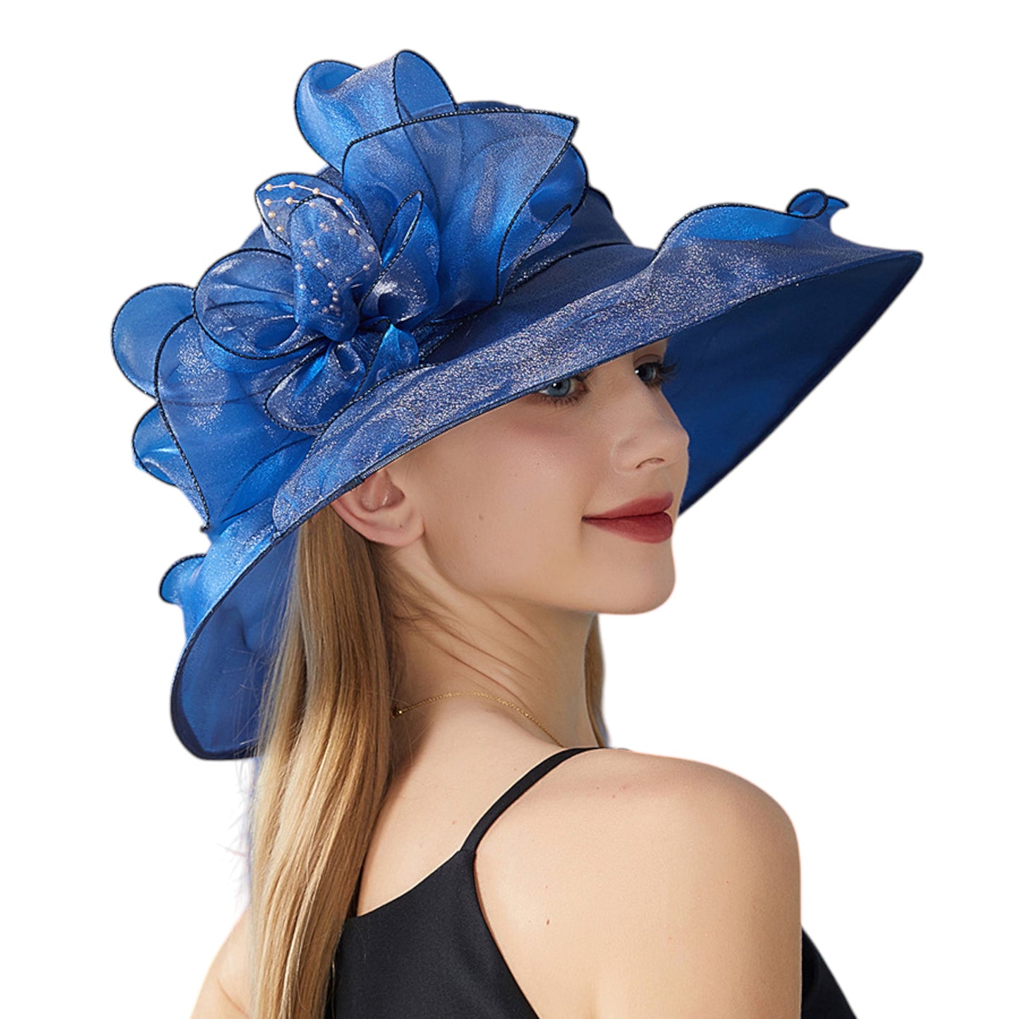 Anna-Kaci Women's Wide Brim Organza Dress Hat with Sheer Ribbon Floral Design for Formal Events and Sun Protection