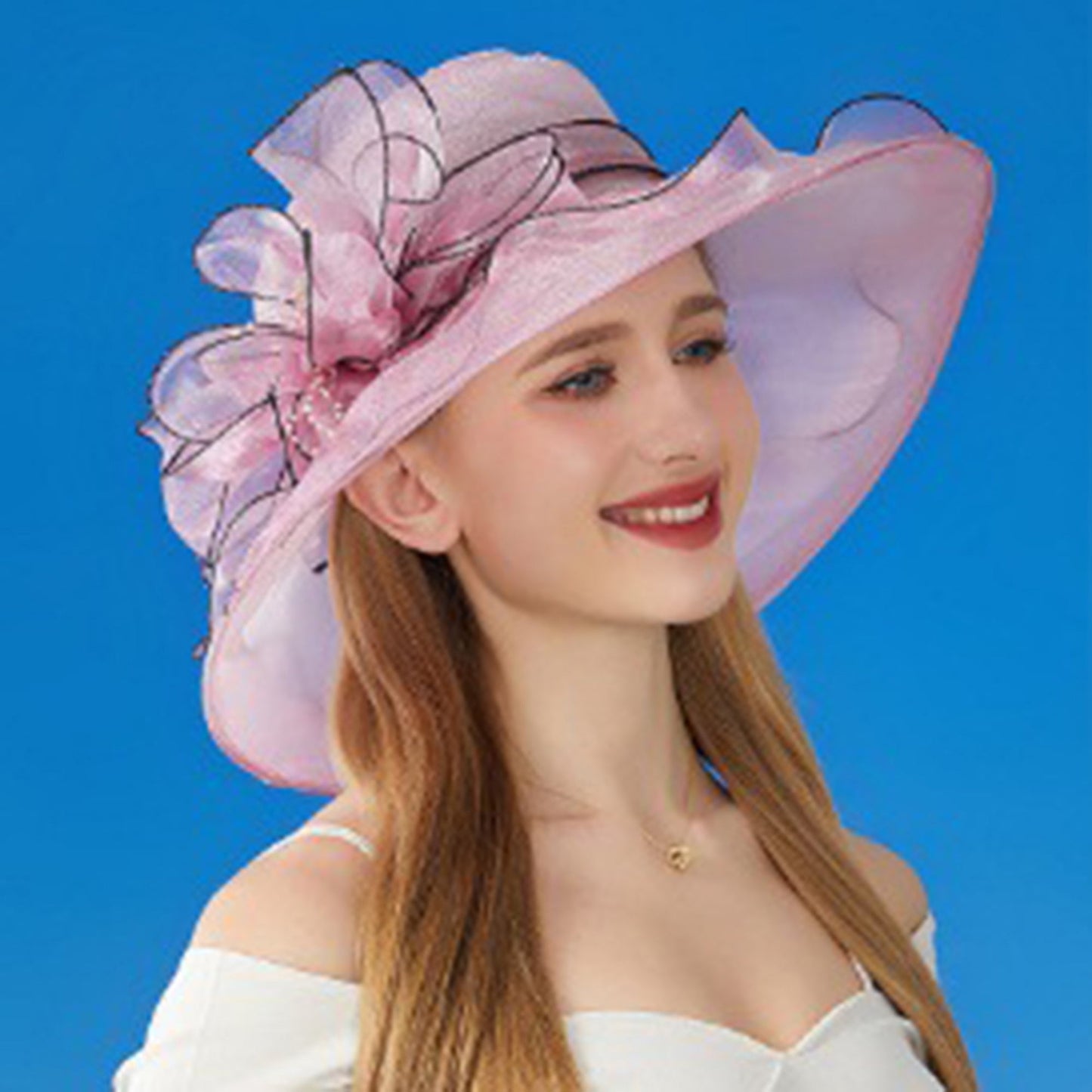 Anna-Kaci Women's Wide Brim Organza Dress Hat with Sheer Ribbon Floral Design for Formal Events and Sun Protection