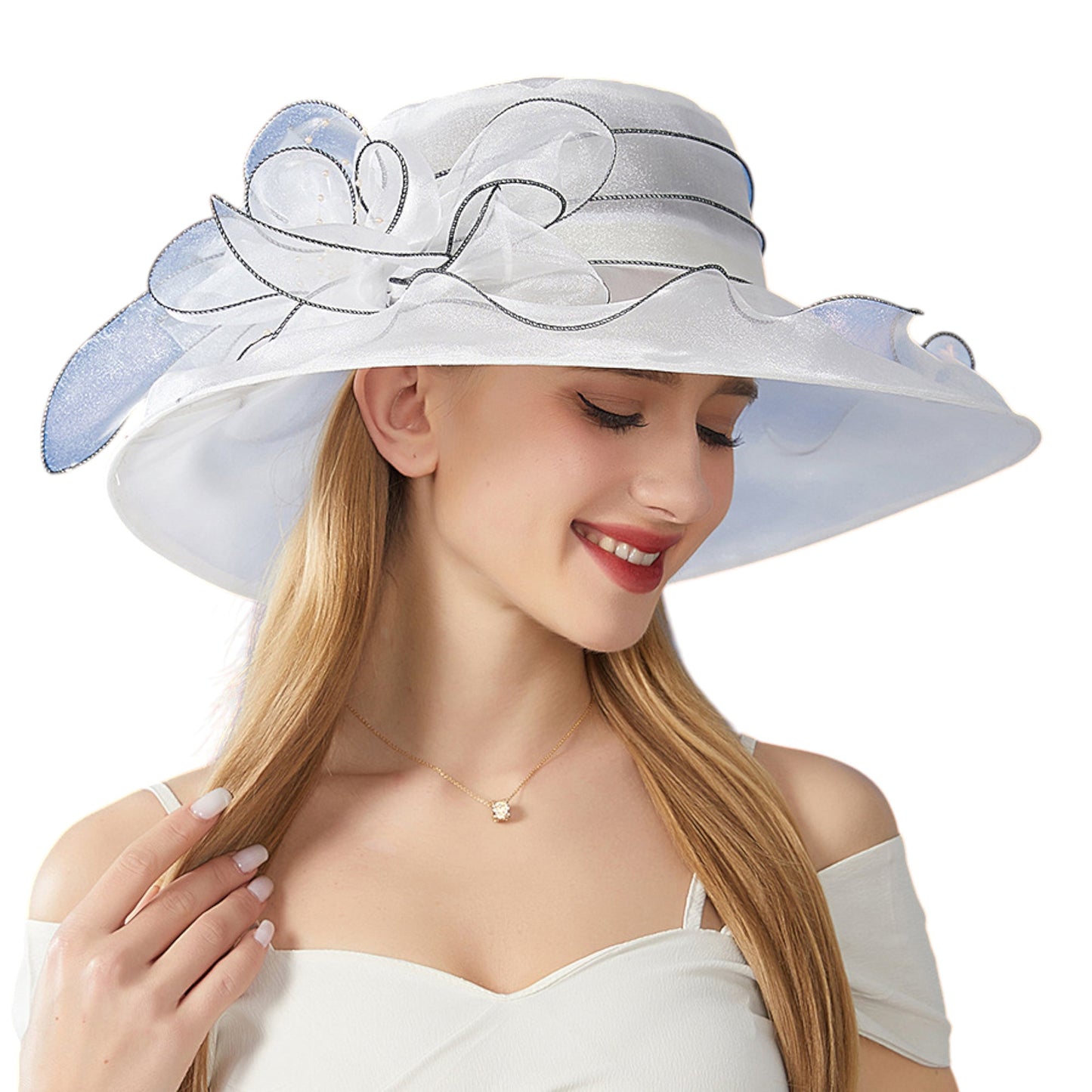 Anna-Kaci Women's Wide Brim Organza Dress Hat with Sheer Ribbon Floral Design for Formal Events and Sun Protection