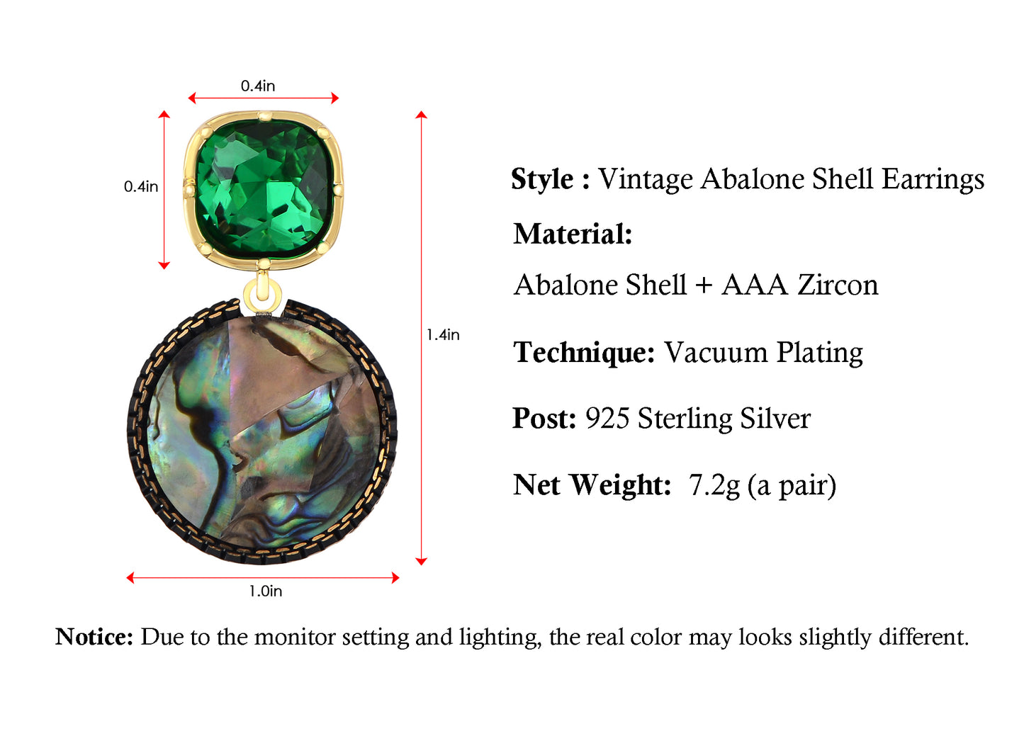 Alilang Natural Abalone Shell Dangle Drop Earring Zircon Baroque Vintage Round Abalone Earrings for Women