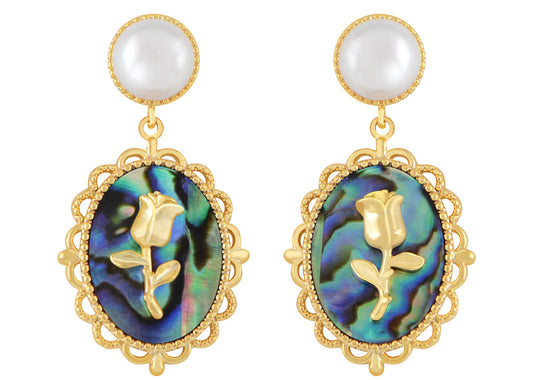 Alilang Natural Abalone Shell Dangle Drop Earrings Vintage Rose Flower Pearl Stud Earrings for Women