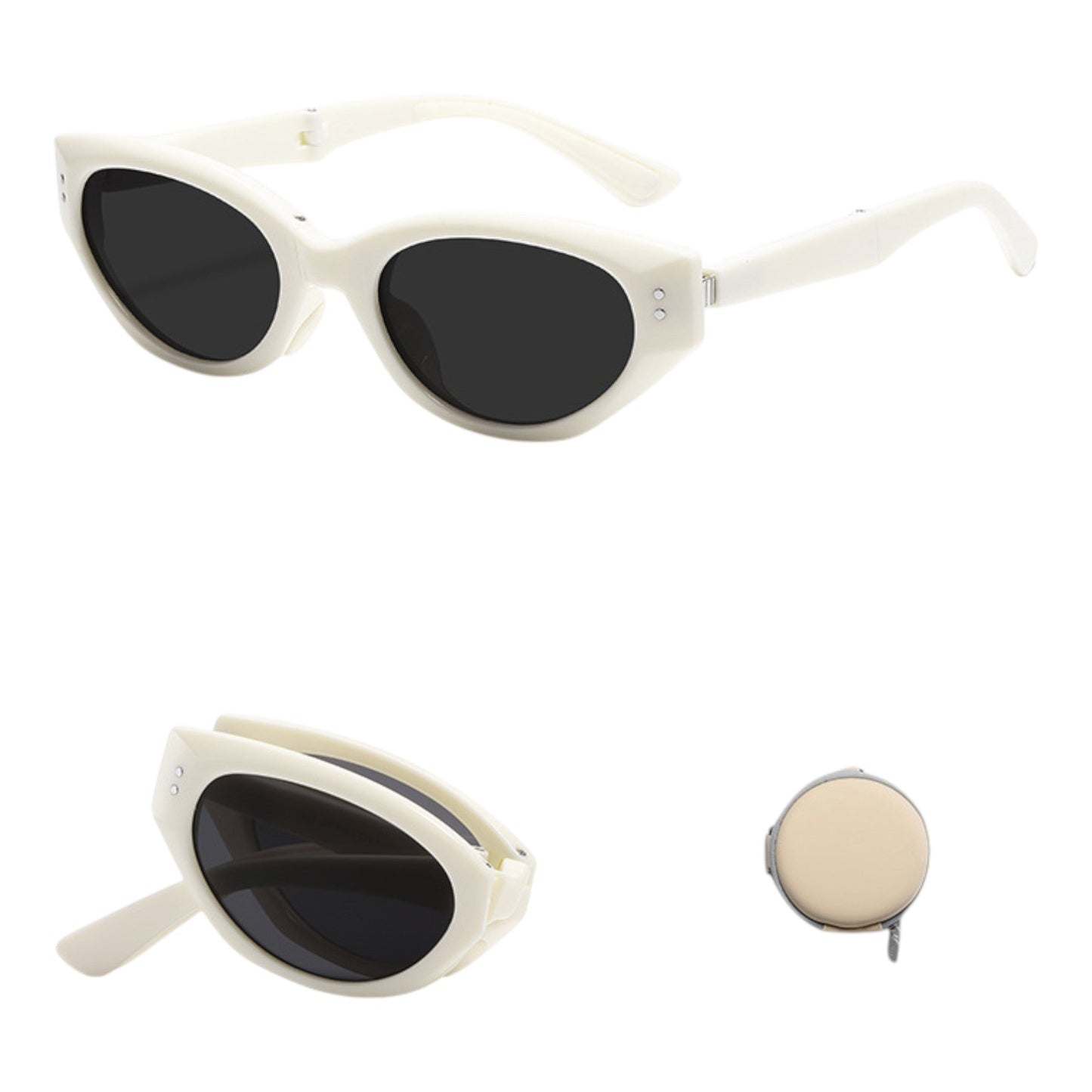 Anna-Kaci Women's Foldable Cat Eye Sunglasses with Compact Round Storage Case and UV Protection